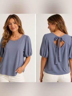Green Envelope Slate Blue Puff Sleeve keyhole back tied - Large 🤍